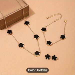 Black necklace bracelet earrings set gold plated